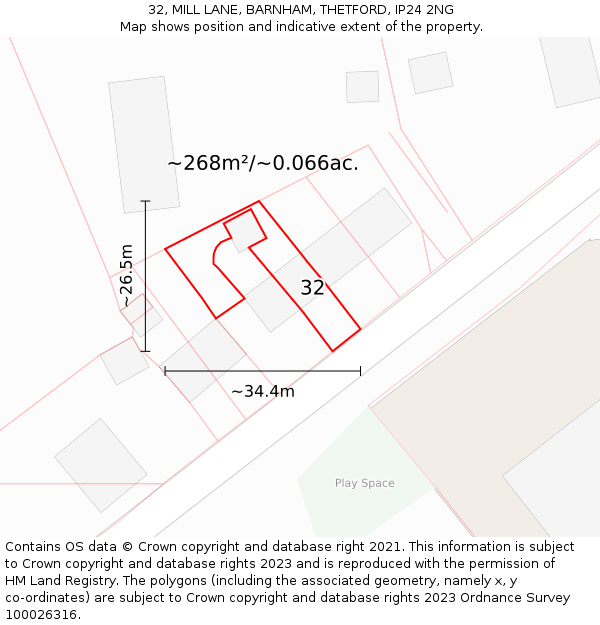 32, MILL LANE, BARNHAM, THETFORD, IP24 2NG: Plot and title map