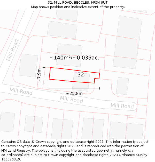 32, MILL ROAD, BECCLES, NR34 9UT: Plot and title map