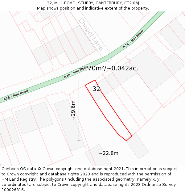 32, MILL ROAD, STURRY, CANTERBURY, CT2 0AJ: Plot and title map