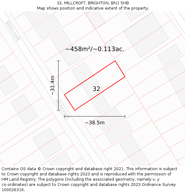 32, MILLCROFT, BRIGHTON, BN1 5HB: Plot and title map