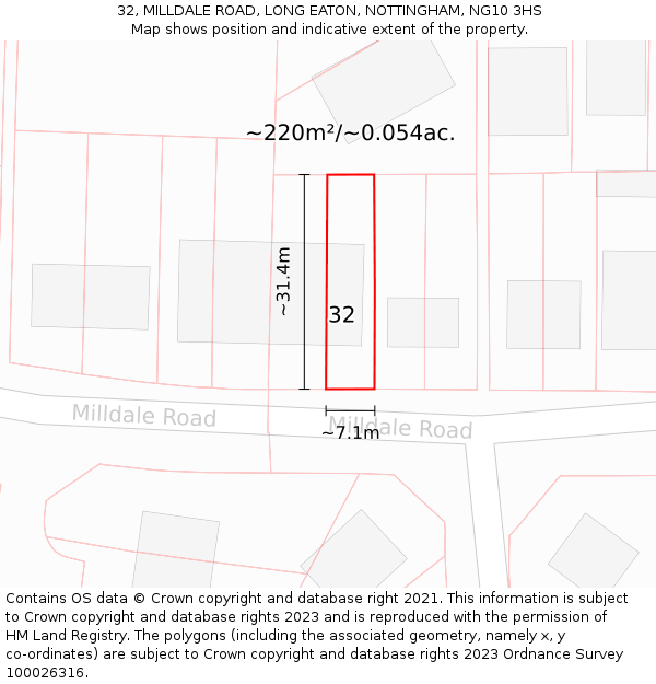 32, MILLDALE ROAD, LONG EATON, NOTTINGHAM, NG10 3HS: Plot and title map