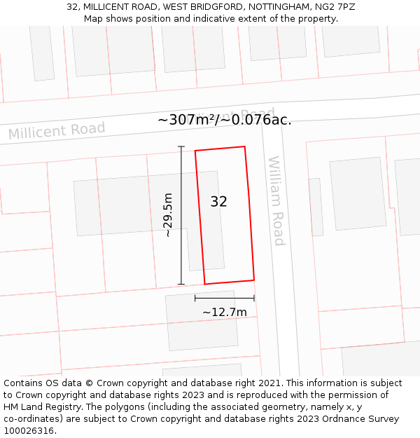 32, MILLICENT ROAD, WEST BRIDGFORD, NOTTINGHAM, NG2 7PZ: Plot and title map