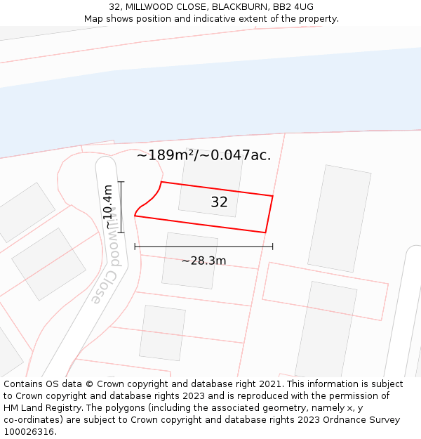 32, MILLWOOD CLOSE, BLACKBURN, BB2 4UG: Plot and title map