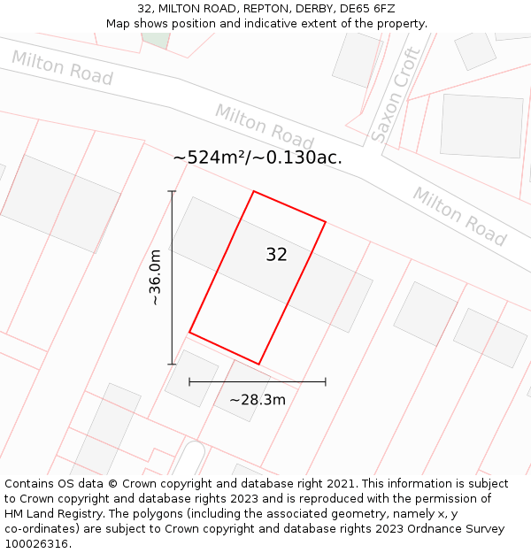 32, MILTON ROAD, REPTON, DERBY, DE65 6FZ: Plot and title map