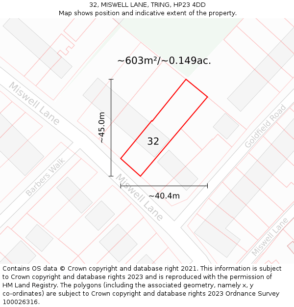 32, MISWELL LANE, TRING, HP23 4DD: Plot and title map