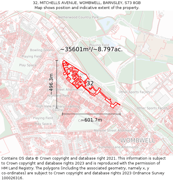 32, MITCHELLS AVENUE, WOMBWELL, BARNSLEY, S73 8GB: Plot and title map