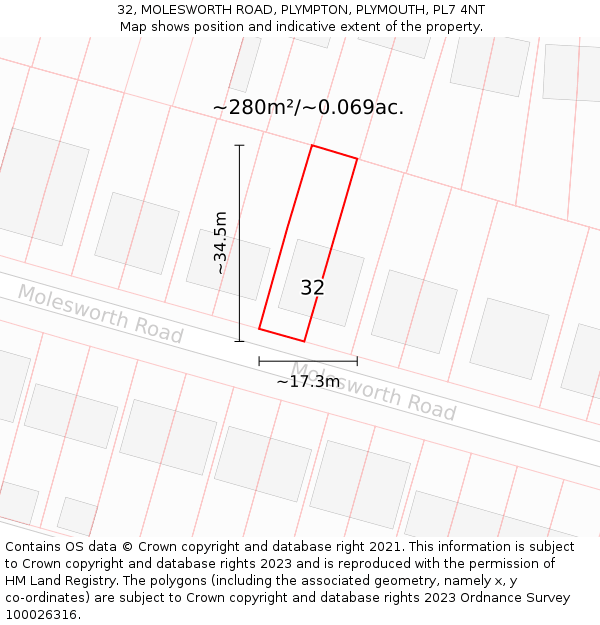 32, MOLESWORTH ROAD, PLYMPTON, PLYMOUTH, PL7 4NT: Plot and title map