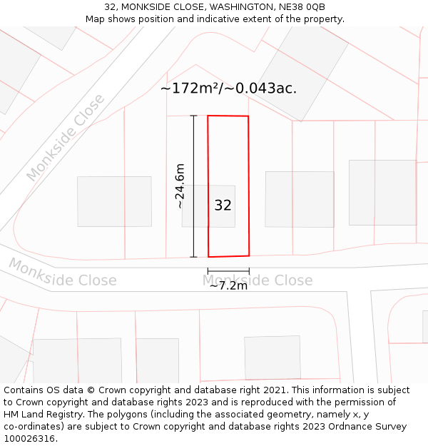 32, MONKSIDE CLOSE, WASHINGTON, NE38 0QB: Plot and title map