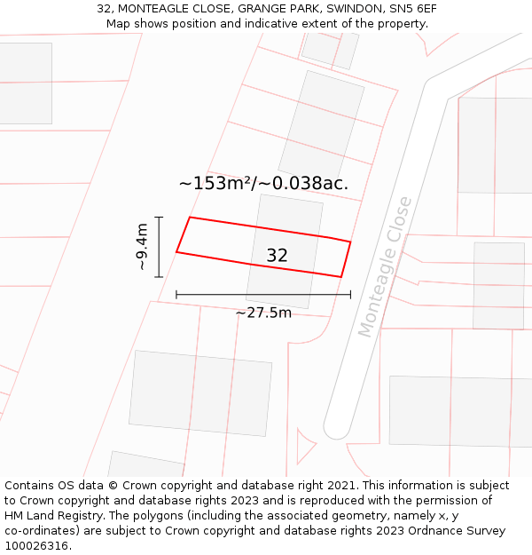 32, MONTEAGLE CLOSE, GRANGE PARK, SWINDON, SN5 6EF: Plot and title map