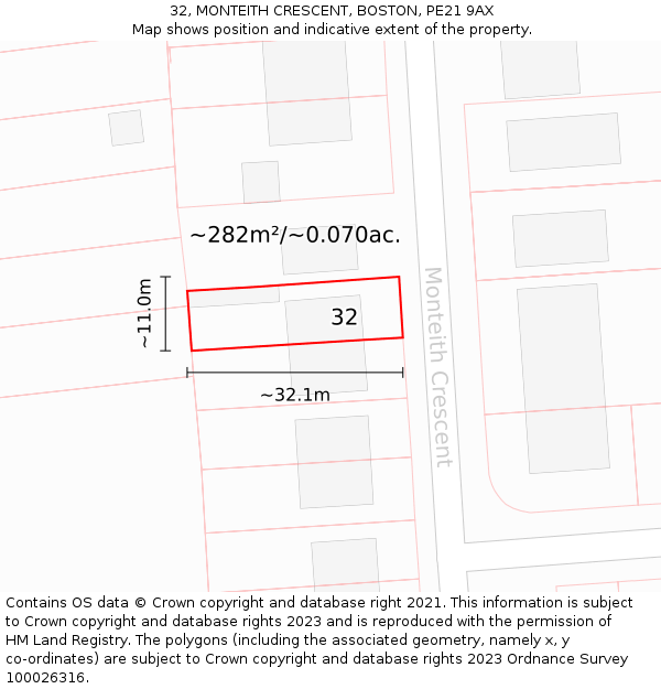 32, MONTEITH CRESCENT, BOSTON, PE21 9AX: Plot and title map