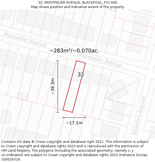 32, MONTPELIER AVENUE, BLACKPOOL, FY2 9AE: Plot and title map