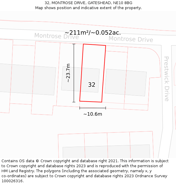 32, MONTROSE DRIVE, GATESHEAD, NE10 8BG: Plot and title map