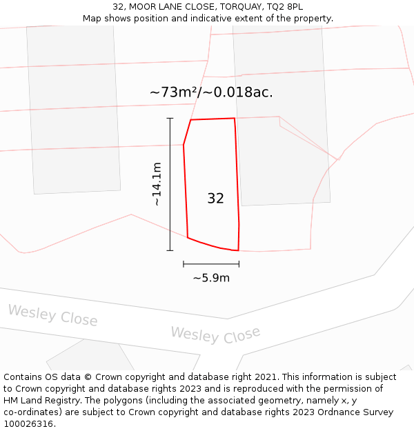 32, MOOR LANE CLOSE, TORQUAY, TQ2 8PL: Plot and title map