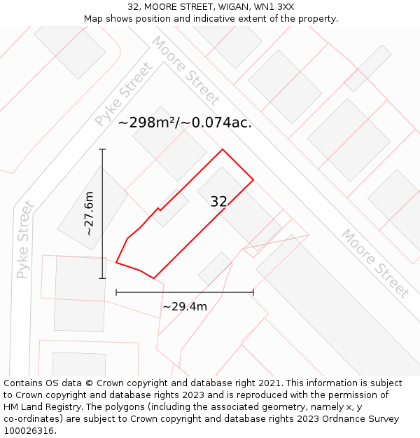 32, MOORE STREET, WIGAN, WN1 3XX: Plot and title map