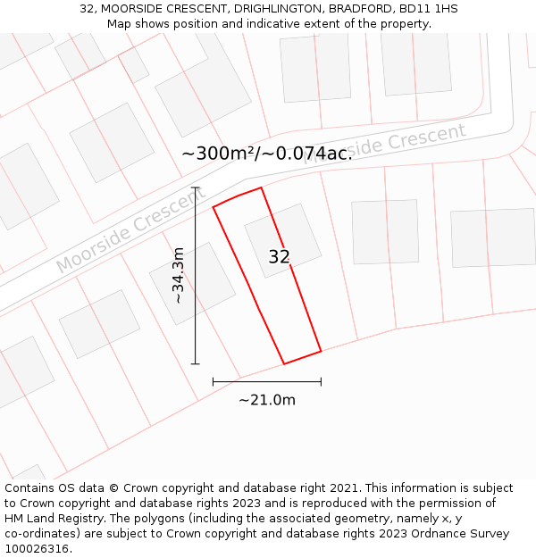 32, MOORSIDE CRESCENT, DRIGHLINGTON, BRADFORD, BD11 1HS: Plot and title map