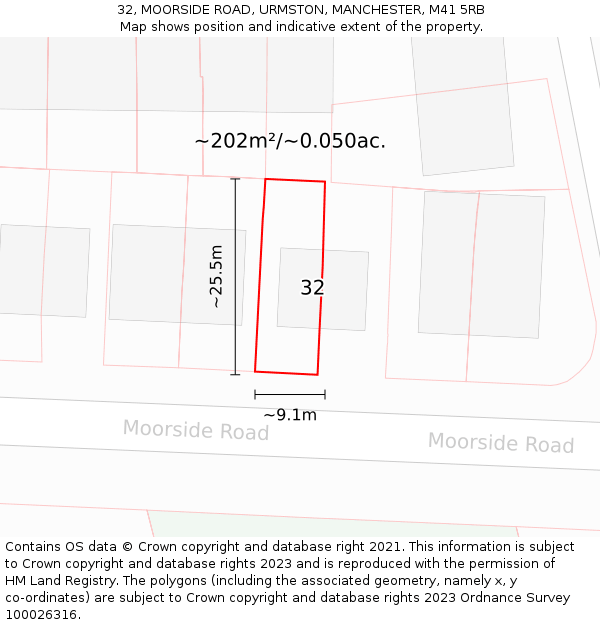 32, MOORSIDE ROAD, URMSTON, MANCHESTER, M41 5RB: Plot and title map