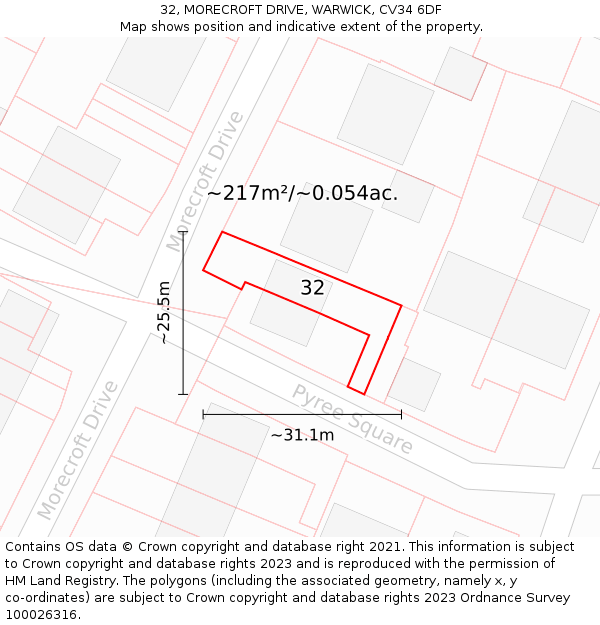 32, MORECROFT DRIVE, WARWICK, CV34 6DF: Plot and title map