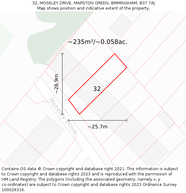 32, MOSELEY DRIVE, MARSTON GREEN, BIRMINGHAM, B37 7AJ: Plot and title map