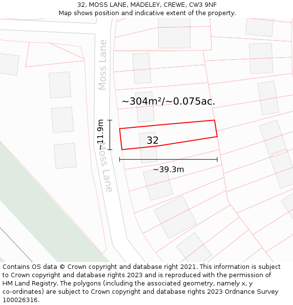 32, MOSS LANE, MADELEY, CREWE, CW3 9NF: Plot and title map