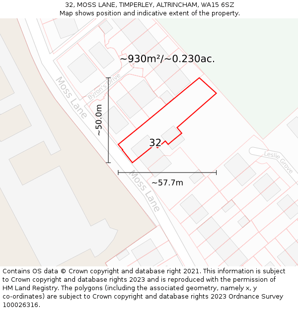 32, MOSS LANE, TIMPERLEY, ALTRINCHAM, WA15 6SZ: Plot and title map