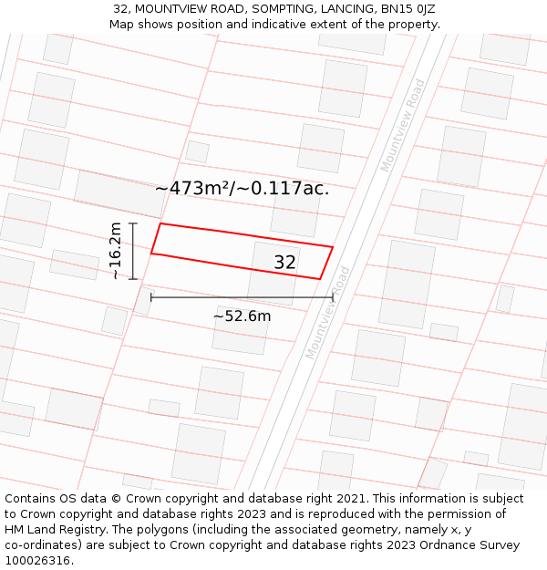 32, MOUNTVIEW ROAD, SOMPTING, LANCING, BN15 0JZ: Plot and title map