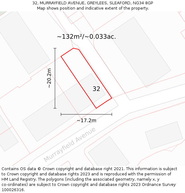 32, MURRAYFIELD AVENUE, GREYLEES, SLEAFORD, NG34 8GP: Plot and title map