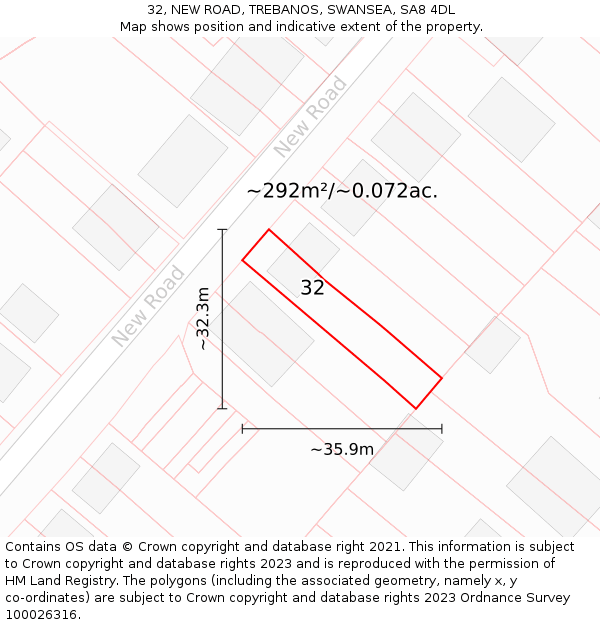 32, NEW ROAD, TREBANOS, SWANSEA, SA8 4DL: Plot and title map