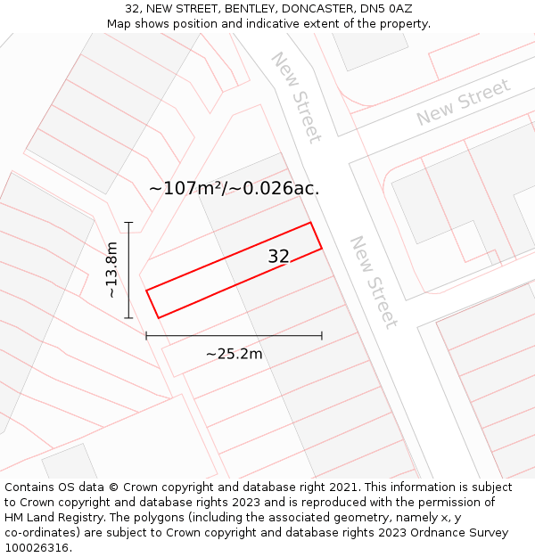 32, NEW STREET, BENTLEY, DONCASTER, DN5 0AZ: Plot and title map