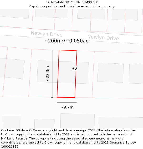 32, NEWLYN DRIVE, SALE, M33 3LE: Plot and title map