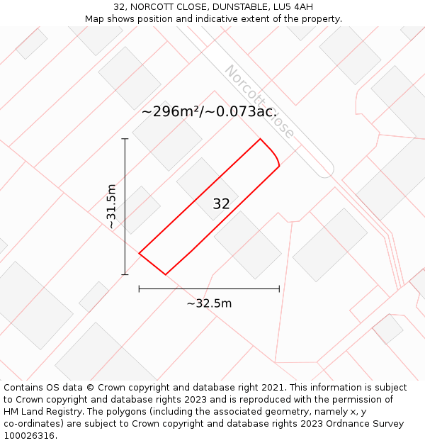 32, NORCOTT CLOSE, DUNSTABLE, LU5 4AH: Plot and title map