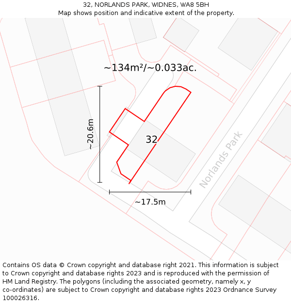 32, NORLANDS PARK, WIDNES, WA8 5BH: Plot and title map