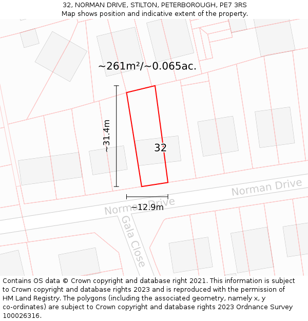 32, NORMAN DRIVE, STILTON, PETERBOROUGH, PE7 3RS: Plot and title map