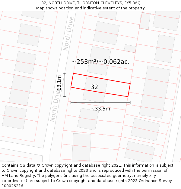 32, NORTH DRIVE, THORNTON-CLEVELEYS, FY5 3AQ: Plot and title map