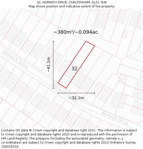 32, NORWICH DRIVE, CHELTENHAM, GL51 3HE: Plot and title map