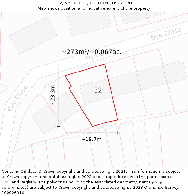 32, NYE CLOSE, CHEDDAR, BS27 3PB: Plot and title map