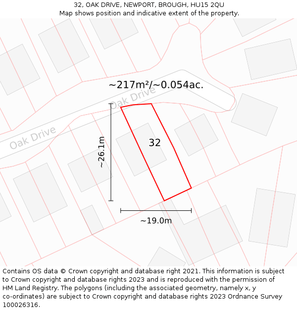 32, OAK DRIVE, NEWPORT, BROUGH, HU15 2QU: Plot and title map