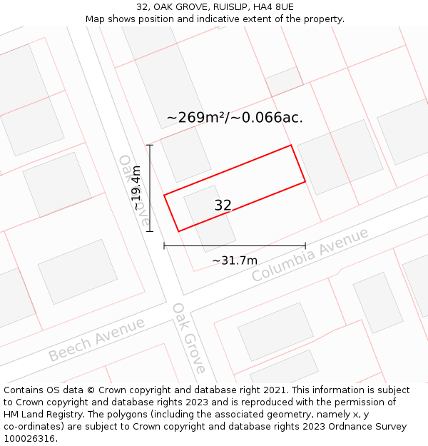 32, OAK GROVE, RUISLIP, HA4 8UE: Plot and title map