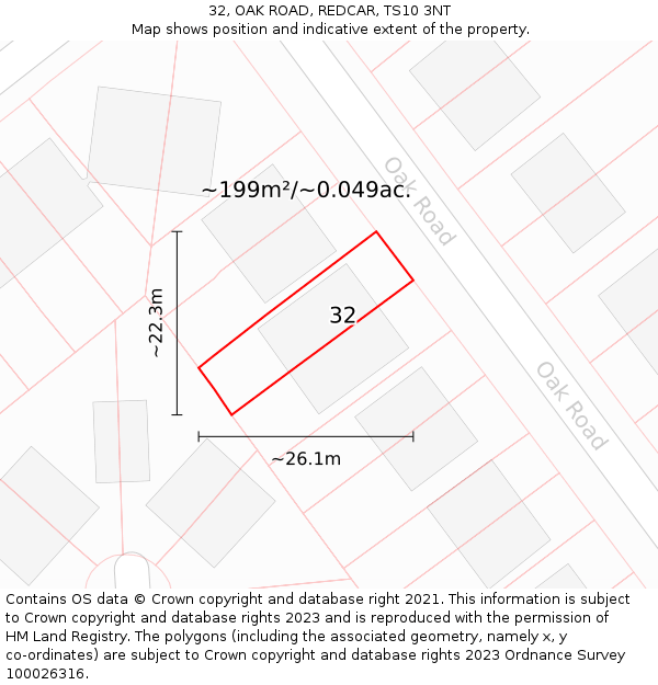 32, OAK ROAD, REDCAR, TS10 3NT: Plot and title map