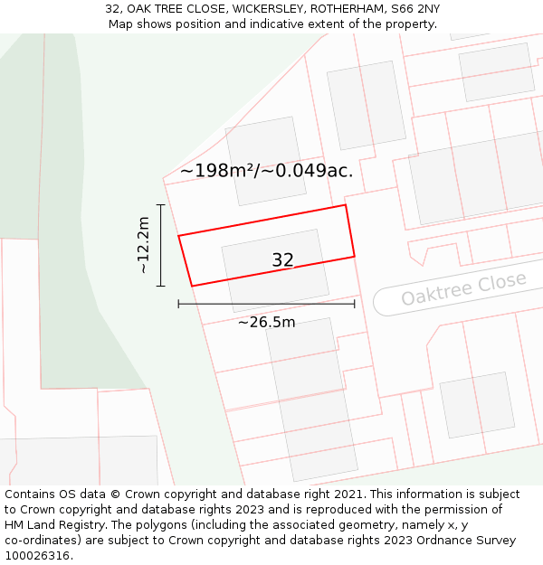 32, OAK TREE CLOSE, WICKERSLEY, ROTHERHAM, S66 2NY: Plot and title map