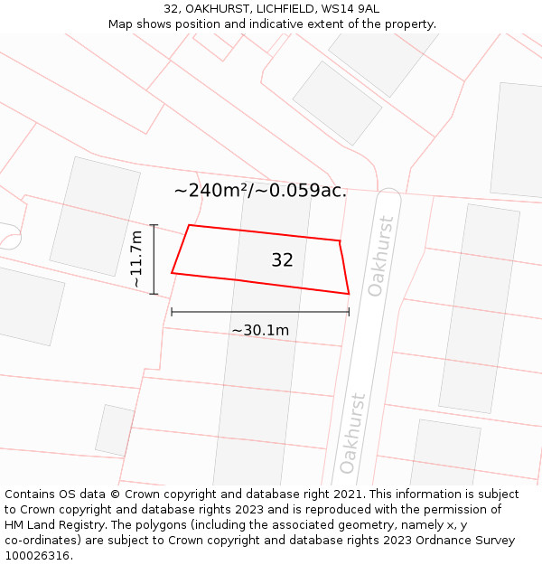 32, OAKHURST, LICHFIELD, WS14 9AL: Plot and title map