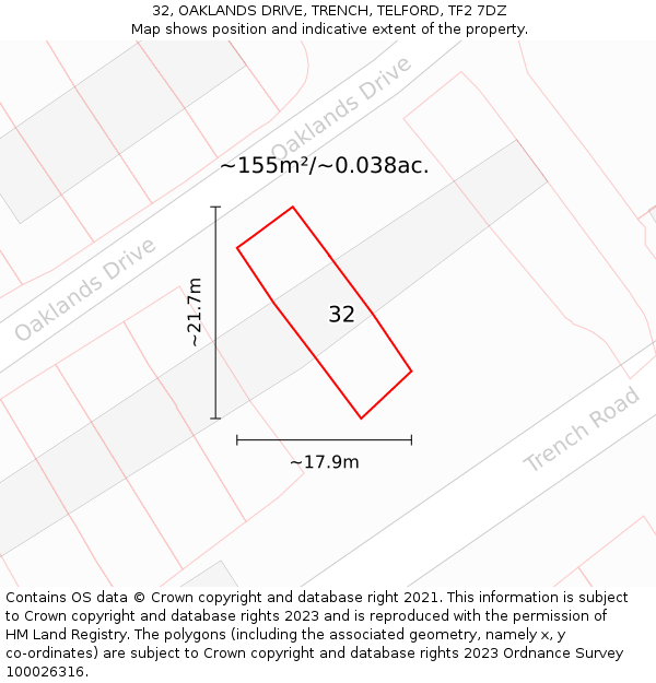 32, OAKLANDS DRIVE, TRENCH, TELFORD, TF2 7DZ: Plot and title map