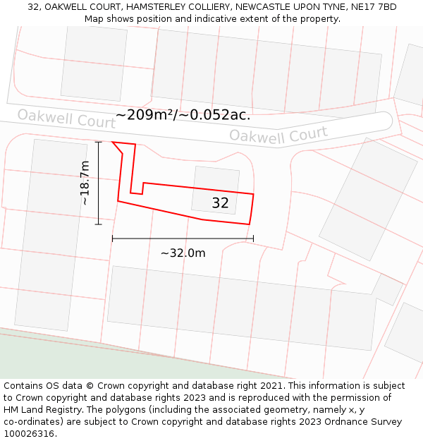 32, OAKWELL COURT, HAMSTERLEY COLLIERY, NEWCASTLE UPON TYNE, NE17 7BD: Plot and title map