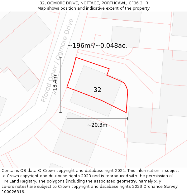 32, OGMORE DRIVE, NOTTAGE, PORTHCAWL, CF36 3HR: Plot and title map