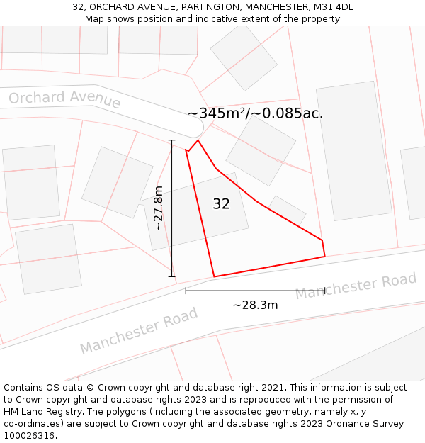 32, ORCHARD AVENUE, PARTINGTON, MANCHESTER, M31 4DL: Plot and title map