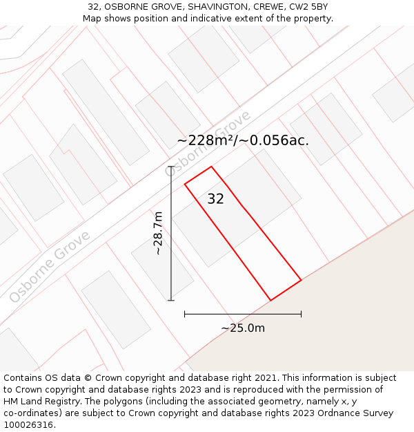 32, OSBORNE GROVE, SHAVINGTON, CREWE, CW2 5BY: Plot and title map