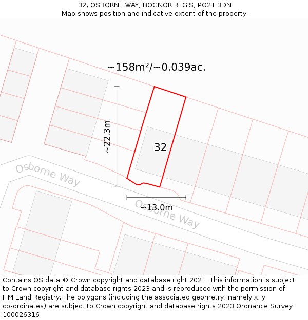 32, OSBORNE WAY, BOGNOR REGIS, PO21 3DN: Plot and title map