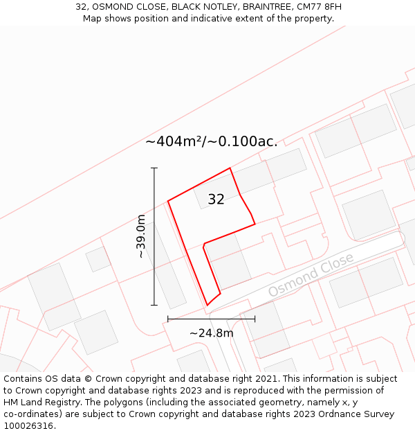 32, OSMOND CLOSE, BLACK NOTLEY, BRAINTREE, CM77 8FH: Plot and title map