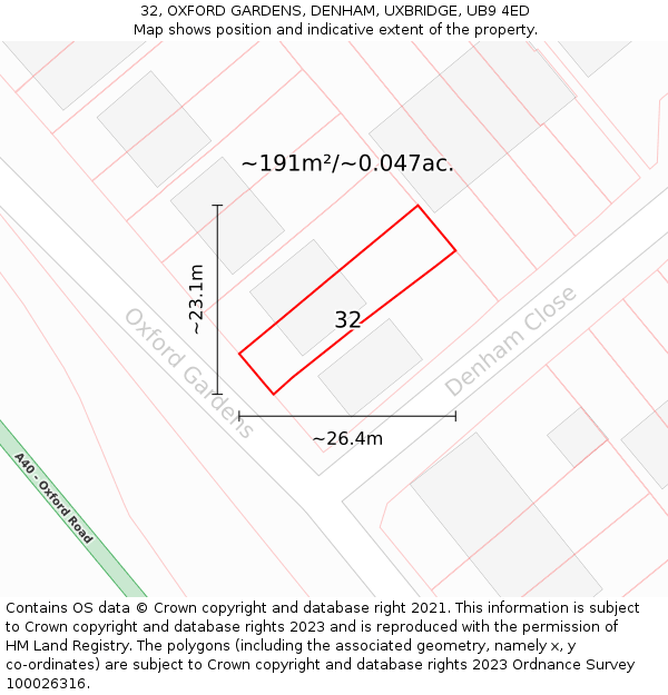 32, OXFORD GARDENS, DENHAM, UXBRIDGE, UB9 4ED: Plot and title map