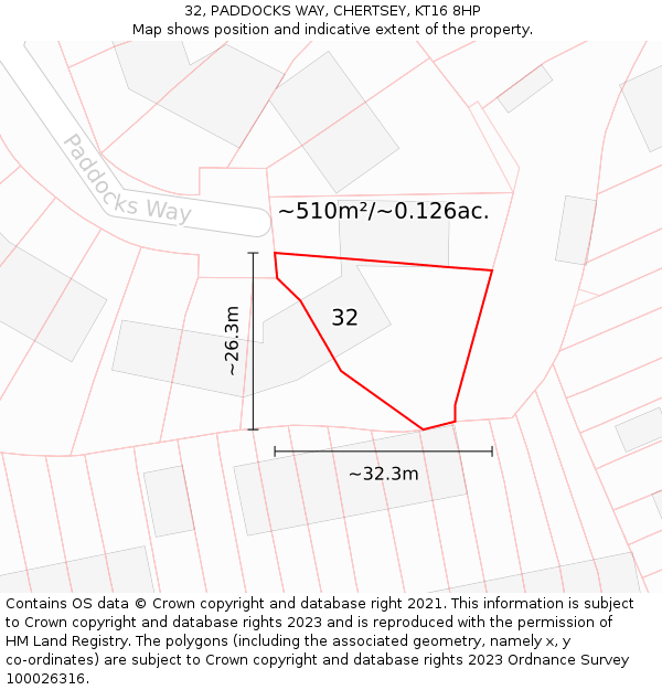 32, PADDOCKS WAY, CHERTSEY, KT16 8HP: Plot and title map