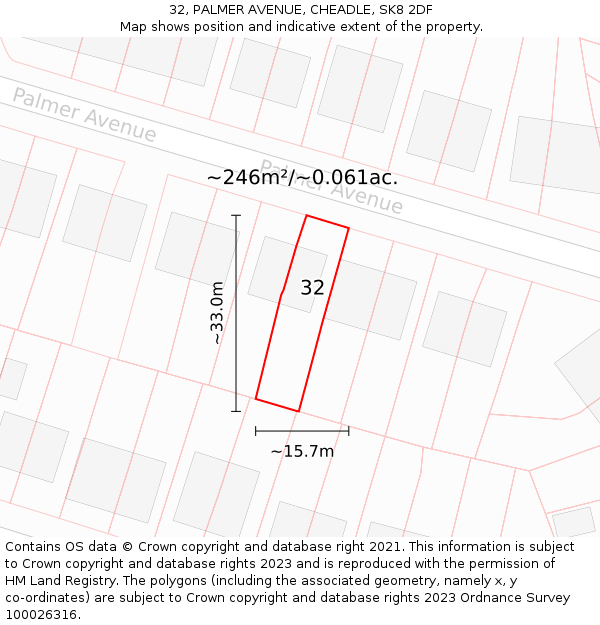 32, PALMER AVENUE, CHEADLE, SK8 2DF: Plot and title map